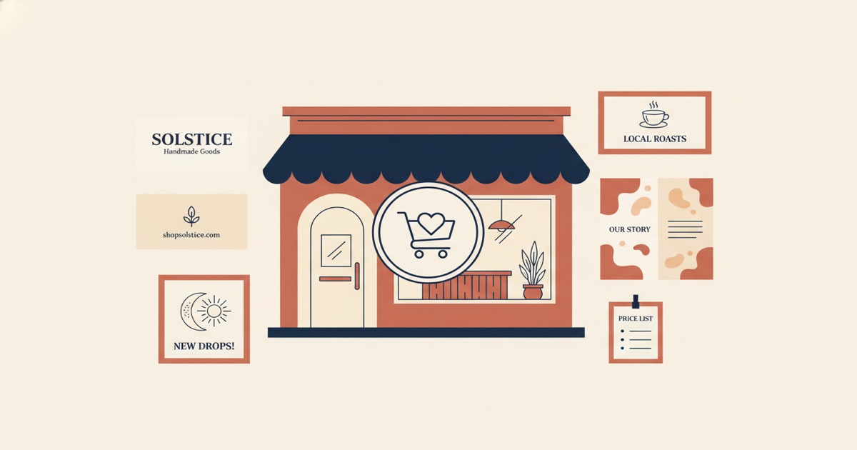 Editorial illustration: a small-business workspace setting with 5 stylized marketing materials (cards, flyer, social post, brochure, price card) arranged around it