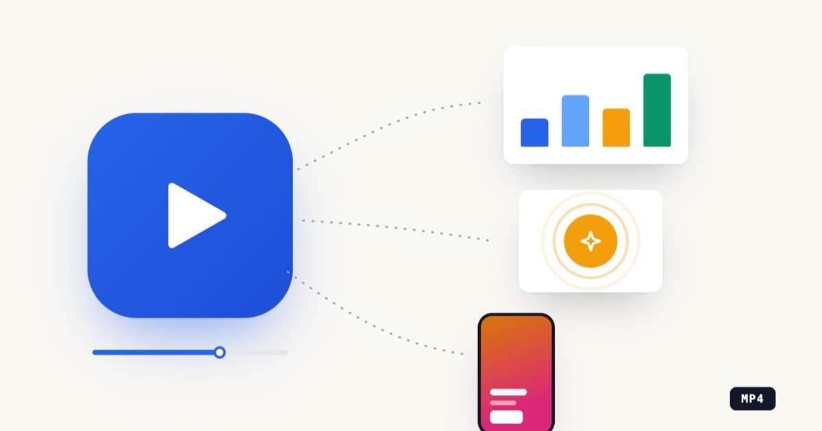 Editorial illustration on cream: a film-style play button bursting into animated bar charts, a logo reveal, and a story ad — EZdoc's new animation formats coming alive from a single prompt