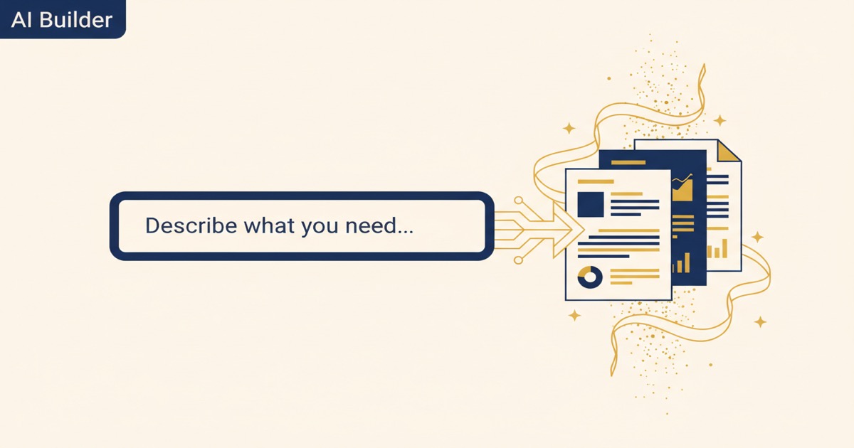 Editorial illustration: a description input box at center with text 'Describe what you need' flowing into a finished professional document on the right with sparkle accents
