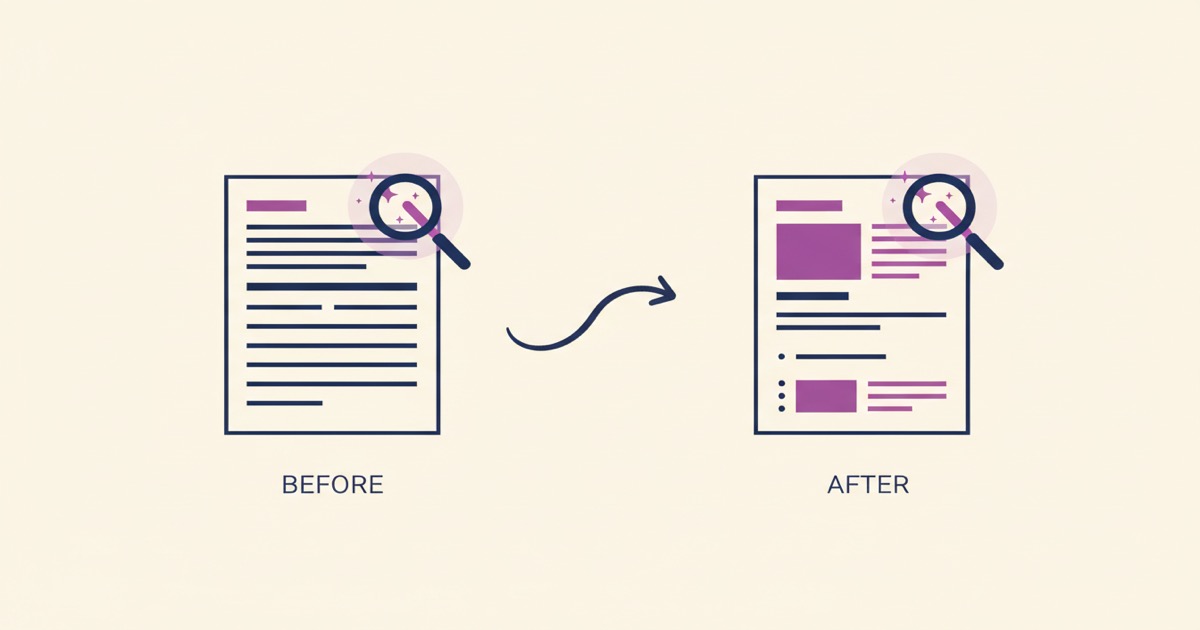 Editorial illustration: a document on the left being edited by a wand-cursor, with an arrow flowing into the same document after AI editing with improved layout