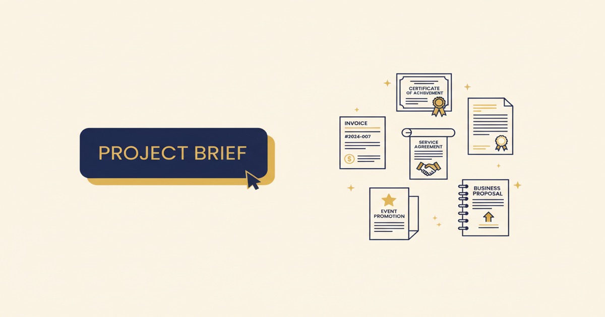 Editorial illustration: a stack of professional document types (invoice, certificate, contract, flyer, proposal) fanning out from a single description input on the left, communicating one description to many document types via AI