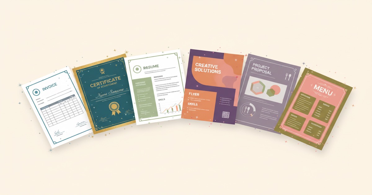Editorial illustration: a curated fanned-out gallery of finished AI-generated documents — invoice, certificate, resume, flyer, proposal, menu — over a calm cream background