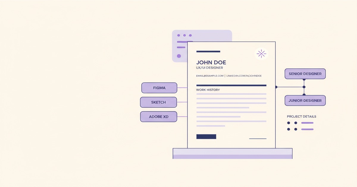 Editorial illustration: an elegant resume document at center with floating UI elements (skills tags, work-history blocks, bullet points) and a small AI-sparkle accent