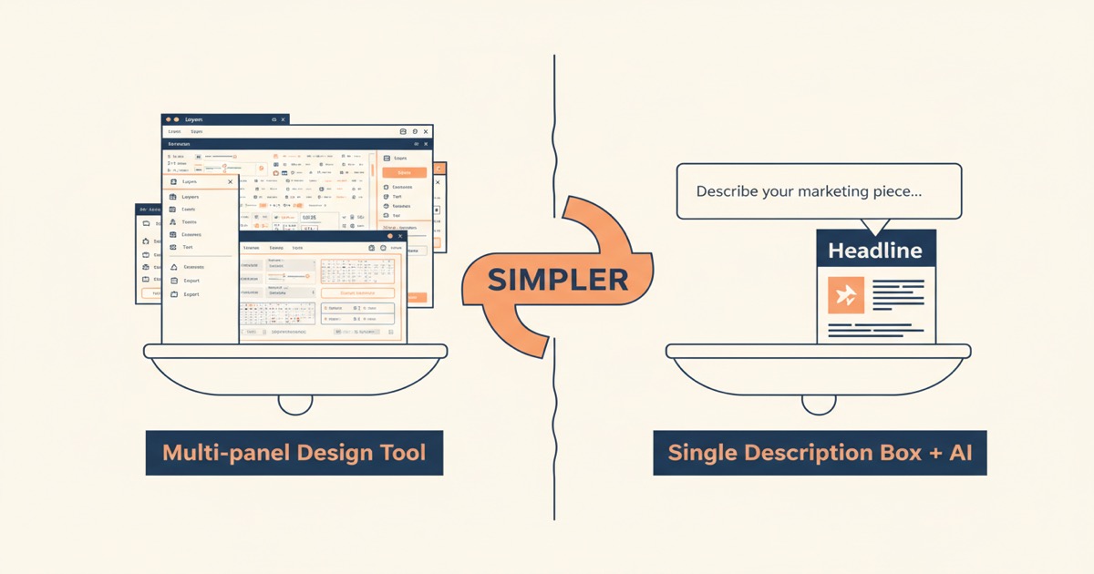 Editorial illustration: a balance scale comparing Canva's complex multi-panel design tool on the left with EZdoc's single description box producing a finished marketing piece on the right