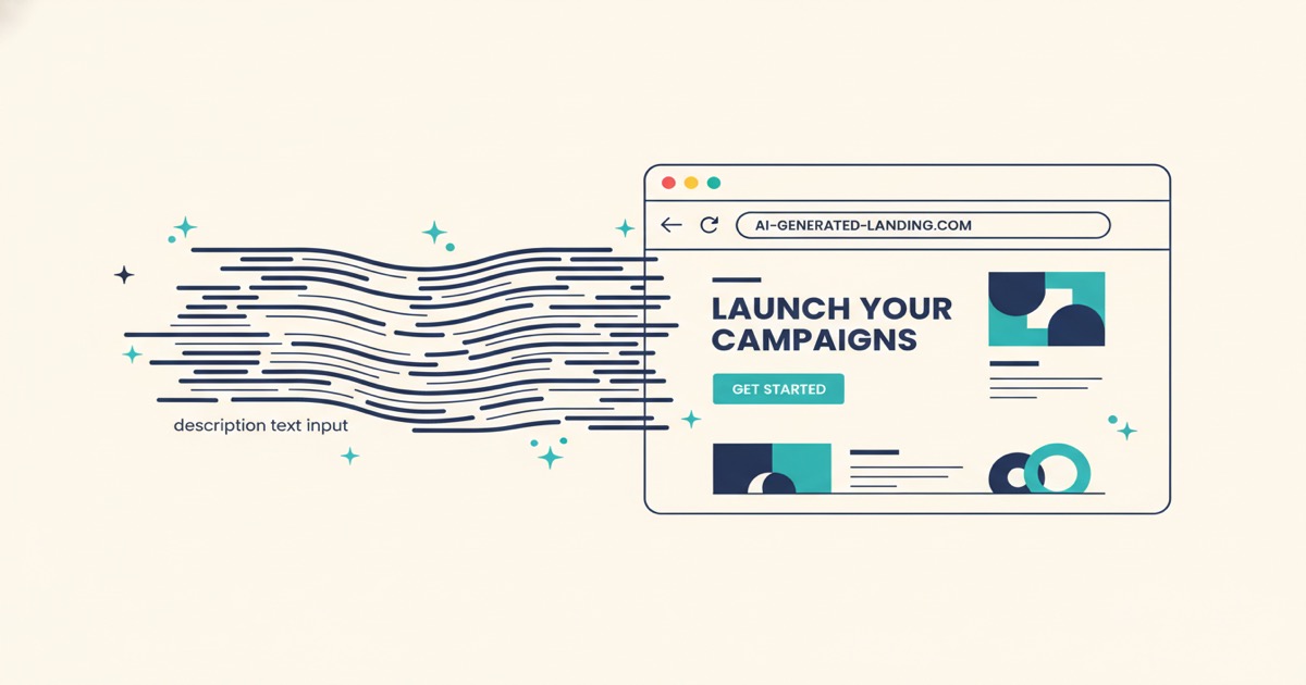 Editorial illustration: a description input flowing into a stylized desktop browser window showing a finished marketing landing page with hero section and CTA