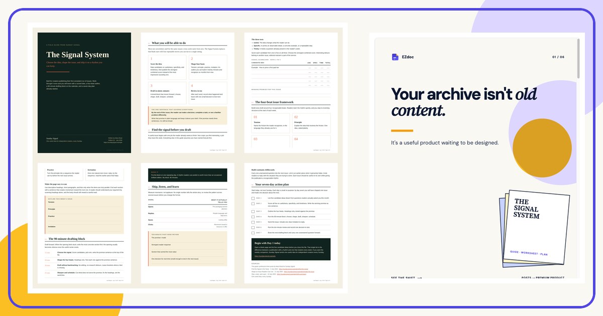 The Signal System lead magnet pages beside a six-page EZdoc LinkedIn carousel, showing one creator idea becoming a download and launch story