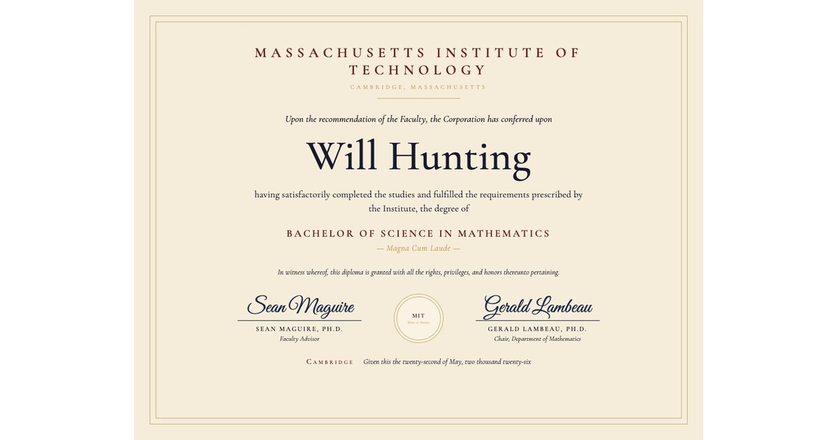 A bachelor's degree certificate rendered from a templated AI workflow