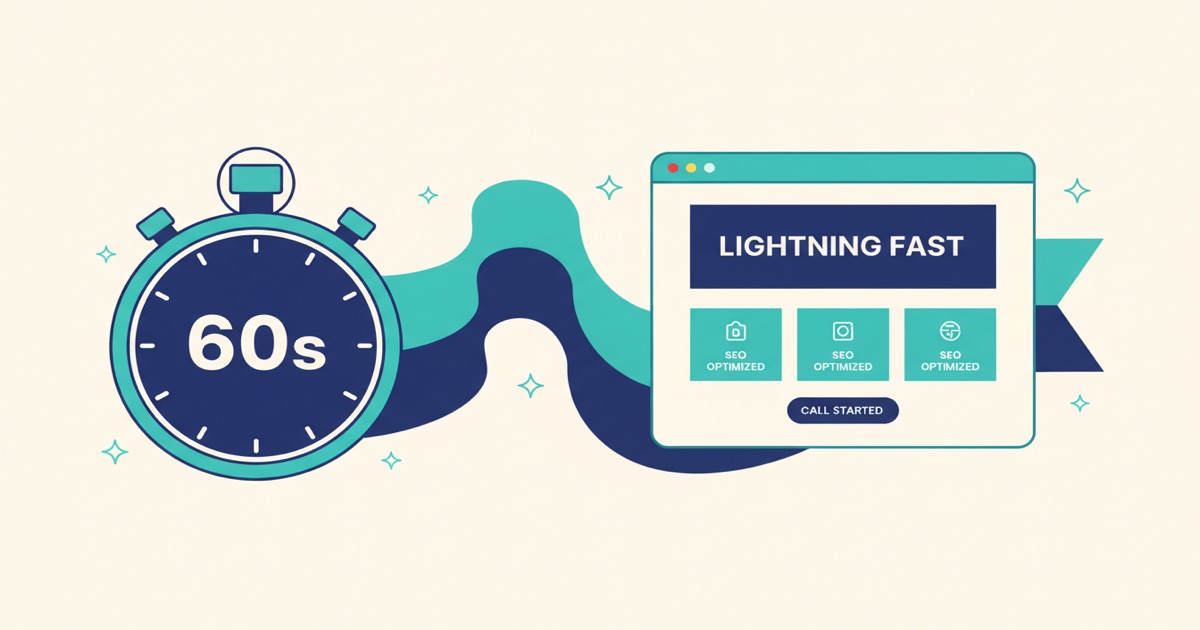 Editorial illustration: a stopwatch showing 60s on the left flowing into a stylized desktop browser window with a finished landing page on the right