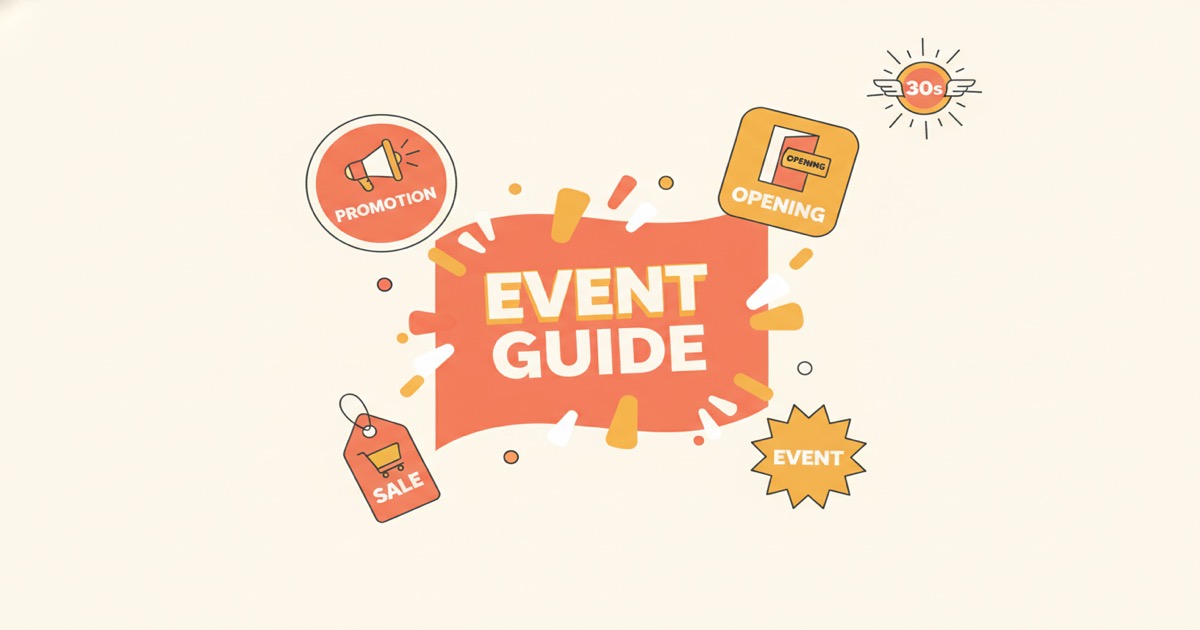 Editorial illustration: a vibrant event flyer at center surrounded by floating mini-badges for flyer types (event, promotion, opening, sale) with a 30s speed badge