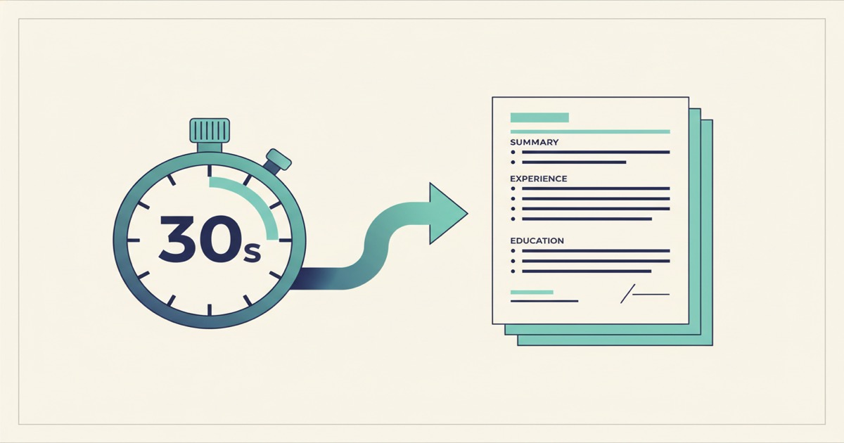 Editorial illustration: a stopwatch showing 30s on the left, an arrow flowing into a clean finished resume document on the right