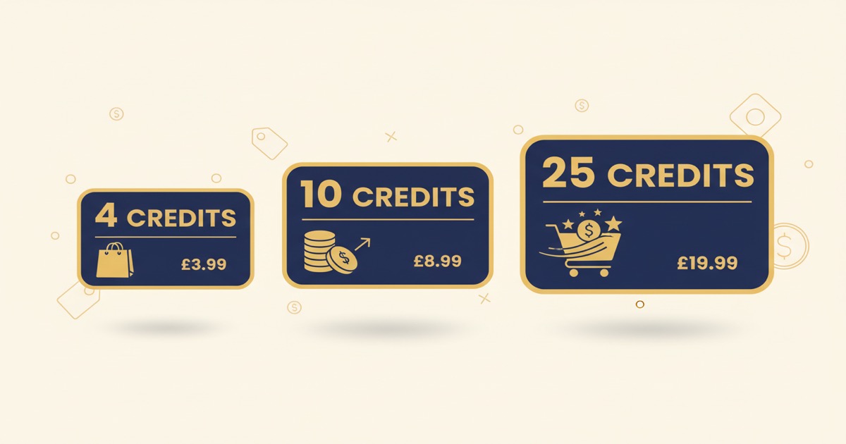 Editorial illustration: three tiered credit-pack cards (4, 10, 25 credits) arranged in a row with subtle coin imagery and clear pricing