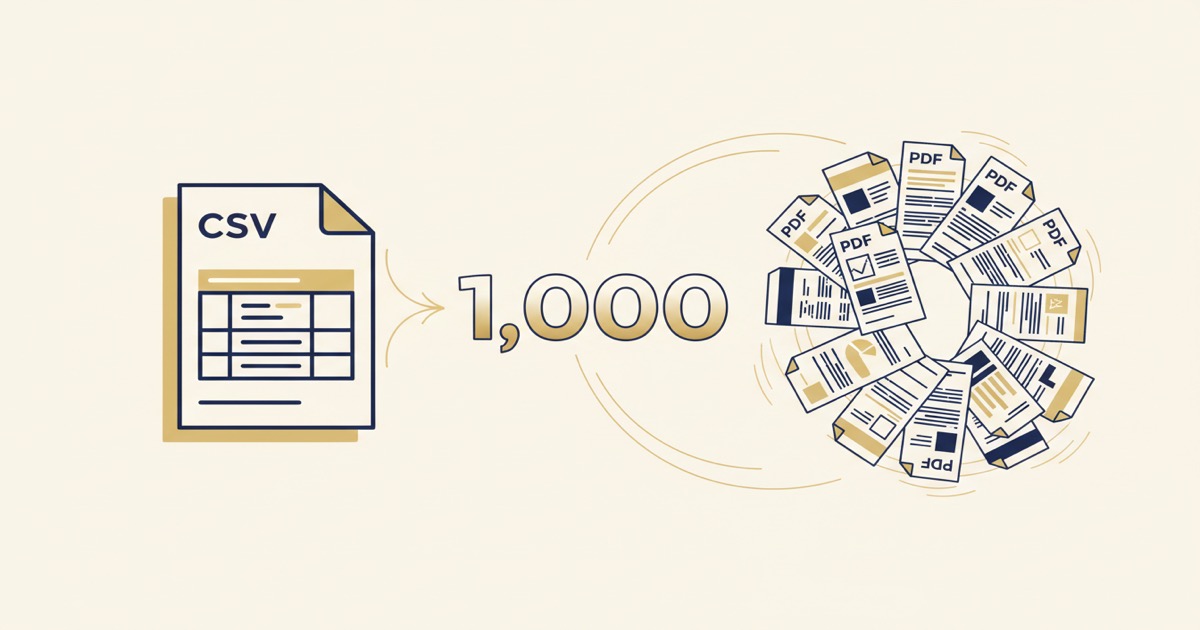Editorial illustration of a single CSV file fanning out into a circular array of 1,000 personalized PDF documents — visualizing EZdoc's bulk-merge wedge