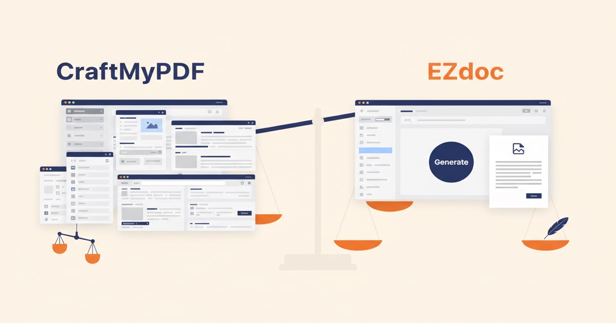 Editorial illustration of a balance scale: CraftMyPDF's complex multi-panel editor on the left, EZdoc's simple 'Generate' button and finished document on the right
