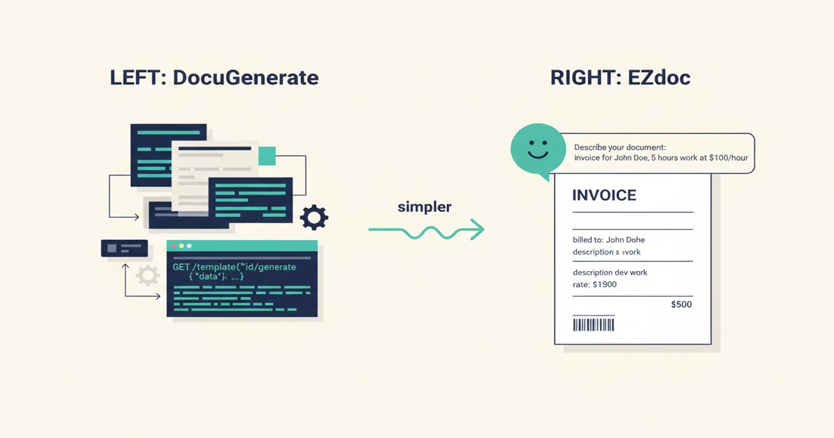 Side-by-side editorial illustration: a developer-API-style document tool labeled DocuGenerate on the left, an AI-chat-style EZdoc interface with a finished invoice on the right, with a 'simpler' arrow between them