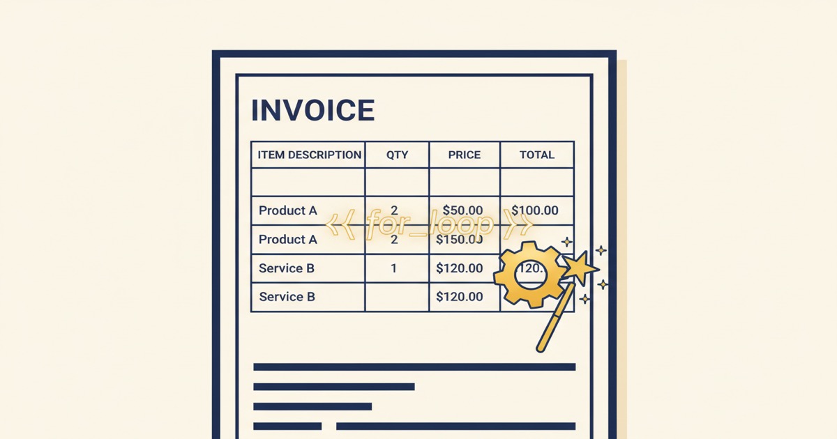 Editorial illustration: a single detailed invoice template with a focus zoom on the line-items section and a subtle Jinja2-style for_loop annotation