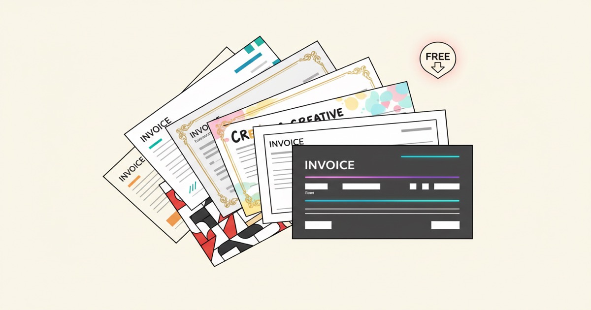 Editorial illustration: a stack of 7 stylized invoice templates fanning out in different visual styles with a subtle 'free' download accent