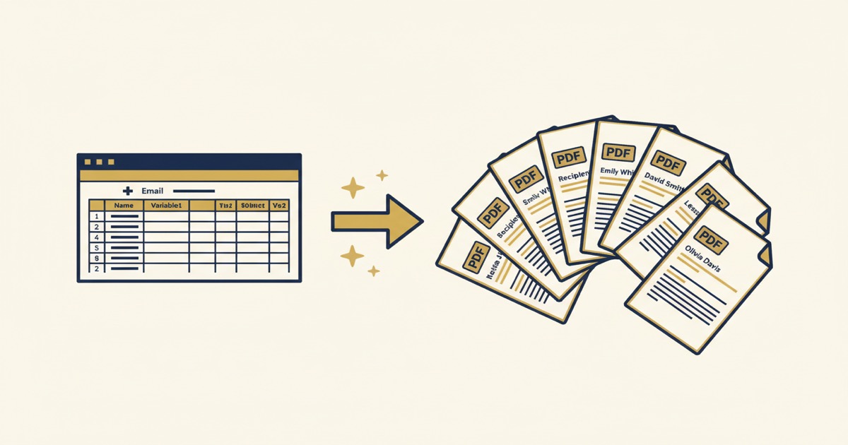 Editorial illustration: a CSV file on the left transforming via an arrow into a fanned-out array of 8 personalized PDF documents on the right with sparkle accents