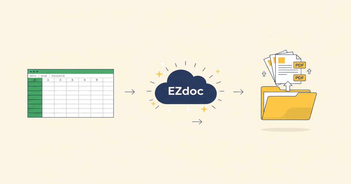 Three-step flow editorial illustration: Google Sheets spreadsheet → EZdoc bulk-merge cloud → stack of PDFs uploading into a Google Drive folder