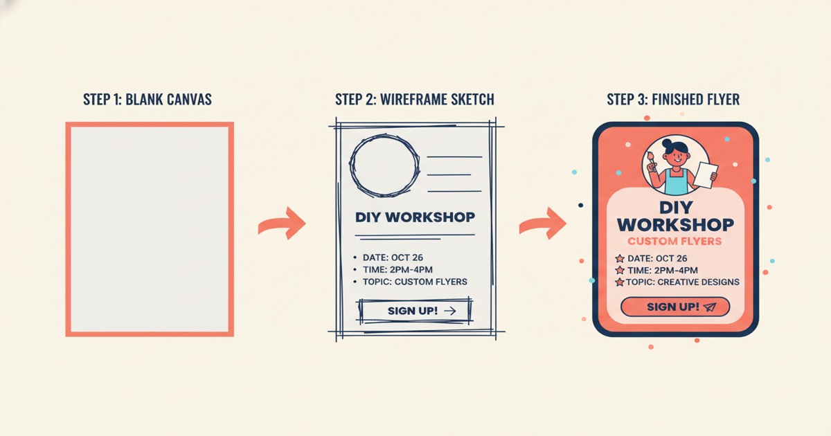 Editorial illustration: three horizontal panels showing flyer creation steps — blank canvas, wireframe sketch, finished colorful flyer — with subtle arrows between