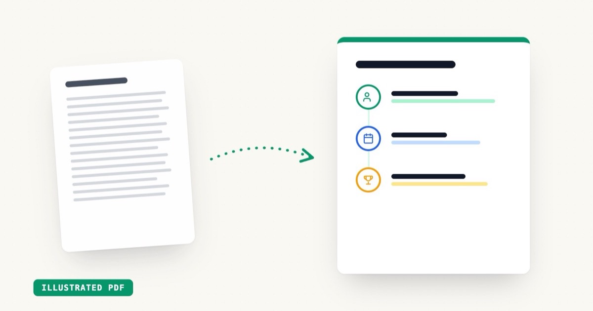 Editorial illustration on cream: a dense text document transforms into a friendly illustrated onboarding timeline infographic with icons, checkpoints, and brand colors