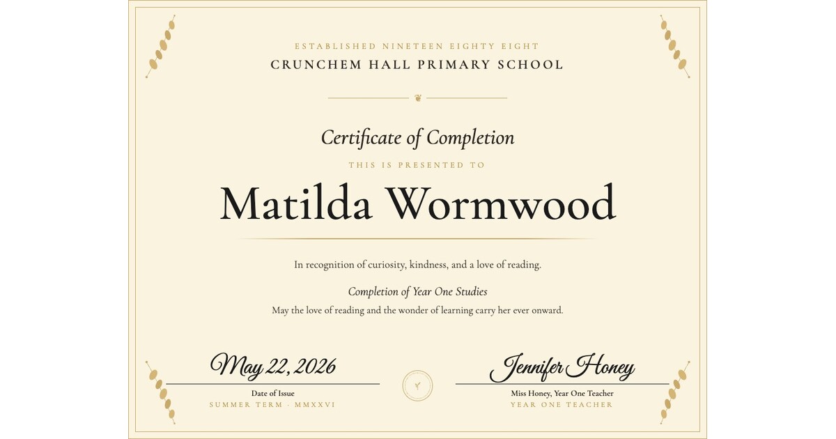 A bright kindergarten graduation certificate ready for the whole class