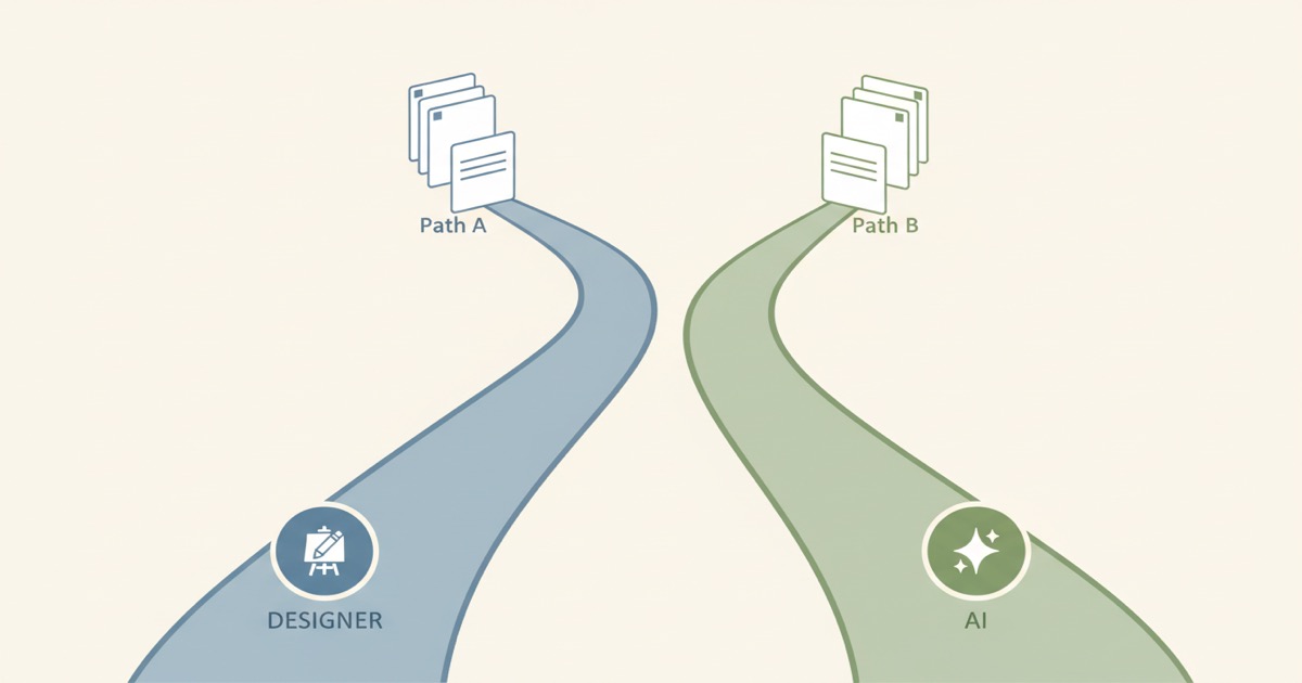 Editorial illustration: a fork in the road showing two paths — one labeled with a designer icon, one with an AI sparkle — both leading to similar finished documents