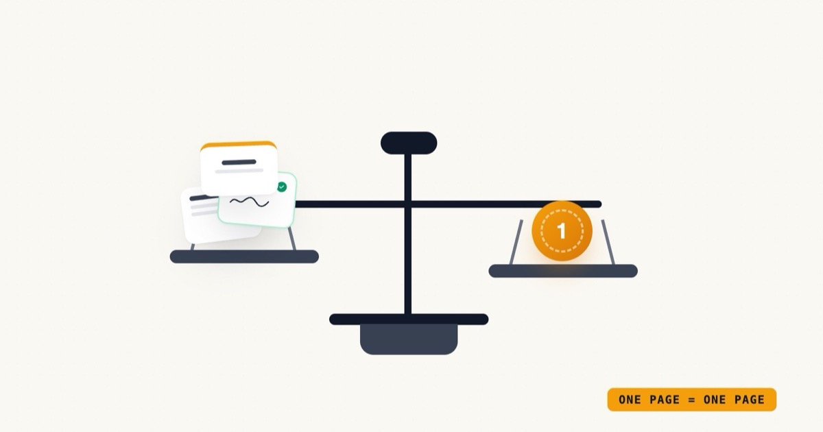 Editorial illustration on cream: documents of every kind — PDFs, signed forms, certificates — drop onto one balanced scale against a single coin, showing one simple price for every finished document