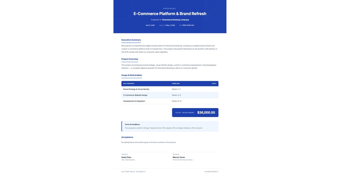 Sample 'E-Commerce Platform & Brand Refresh' proposal document with deliverables, timeline, and pricing — the kind of personalized proposal teams generate from HubSpot deal data