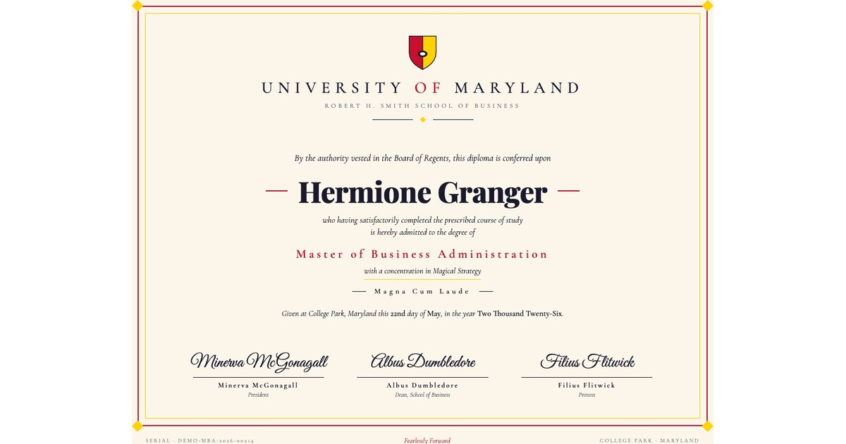 A university diploma rendered from CSV data, ready for batch printing