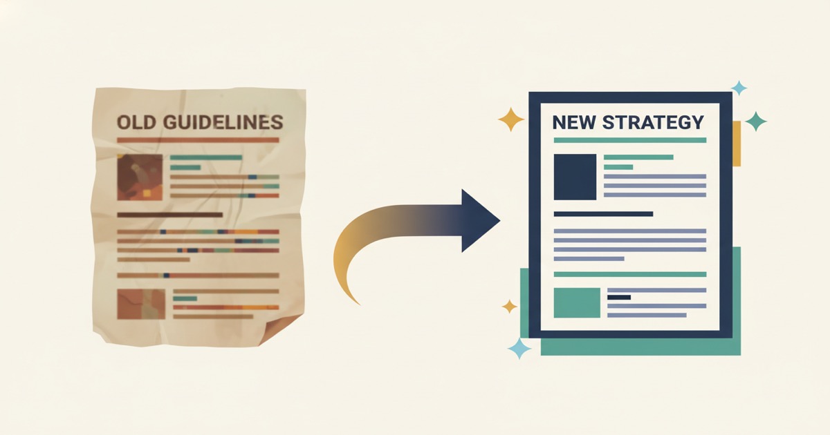 Editorial illustration: a faded outdated handout document on the left, an arrow flowing right into a refreshed modern version with cleaner typography