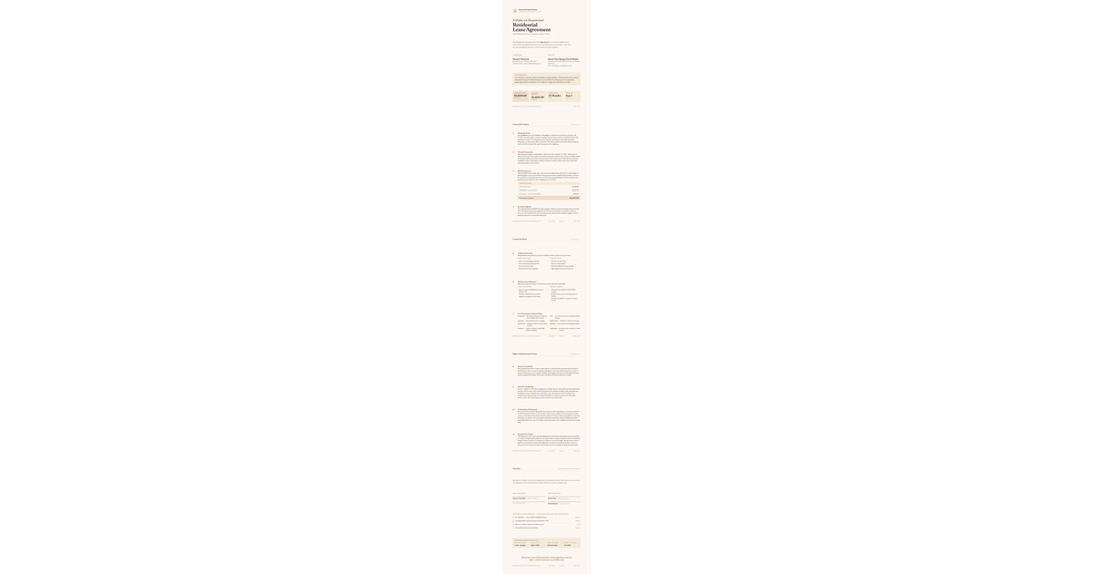 Editorial illustration on cream: a residential lease agreement with its key clauses — rent, security deposit, quiet hours, material breach — highlighted and annotated like a labeled diagram
