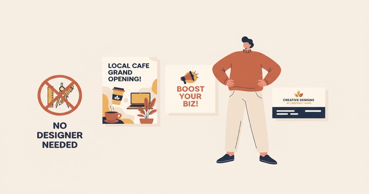 Editorial illustration: a small-business owner figure standing in front of three finished marketing pieces (flyer, social post, business card)