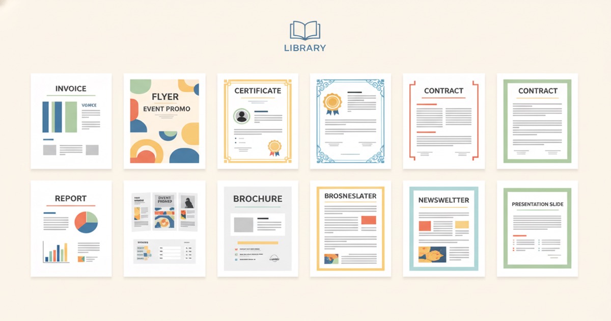 Editorial illustration: a wall of stylized document template thumbnails (invoices, certificates, contracts, flyers) arranged in a 4x3 grid