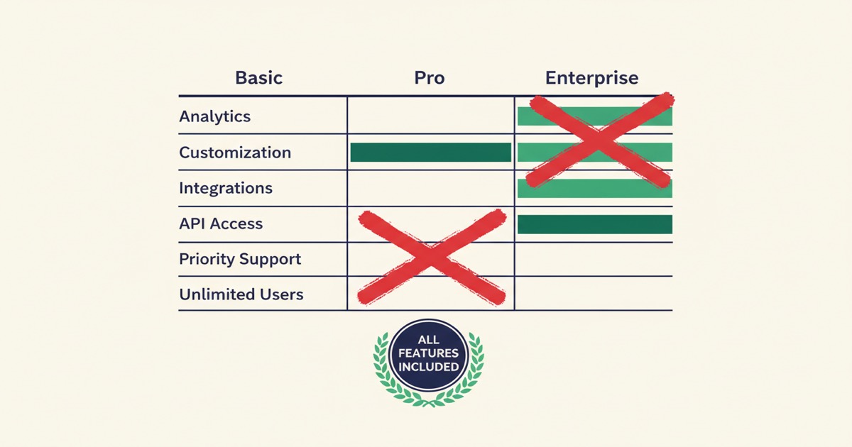 Editorial illustration: a stylized pricing matrix with feature gates being crossed out by red Xs and an 'all features included' badge — communicates the removal of artificial pricing tiers