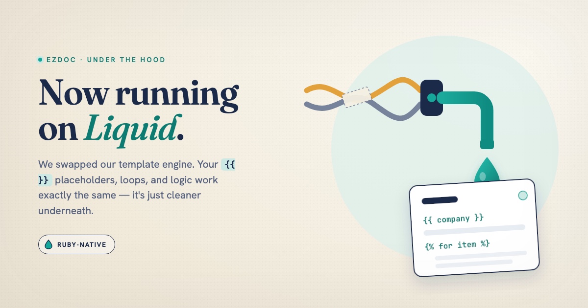 Editorial illustration on cream: two tangled wires — a patched-together Python and homemade-Jinja engine — merge through a junction into one clean teal Liquid pipe, whose droplet fills a document template showing {{ }} placeholders. Headline: Now running on Liquid.