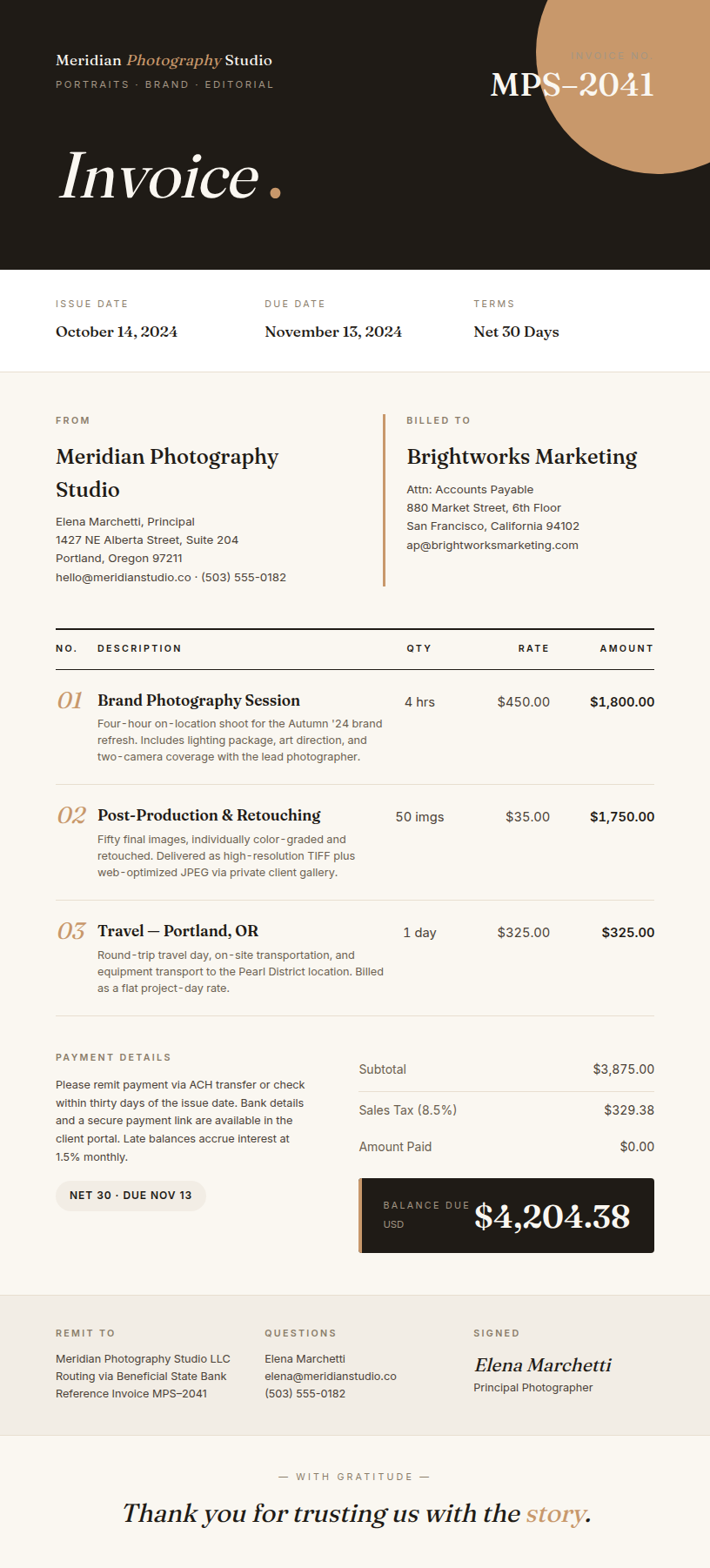 AI-generated professional invoice — designed from your CSV columns