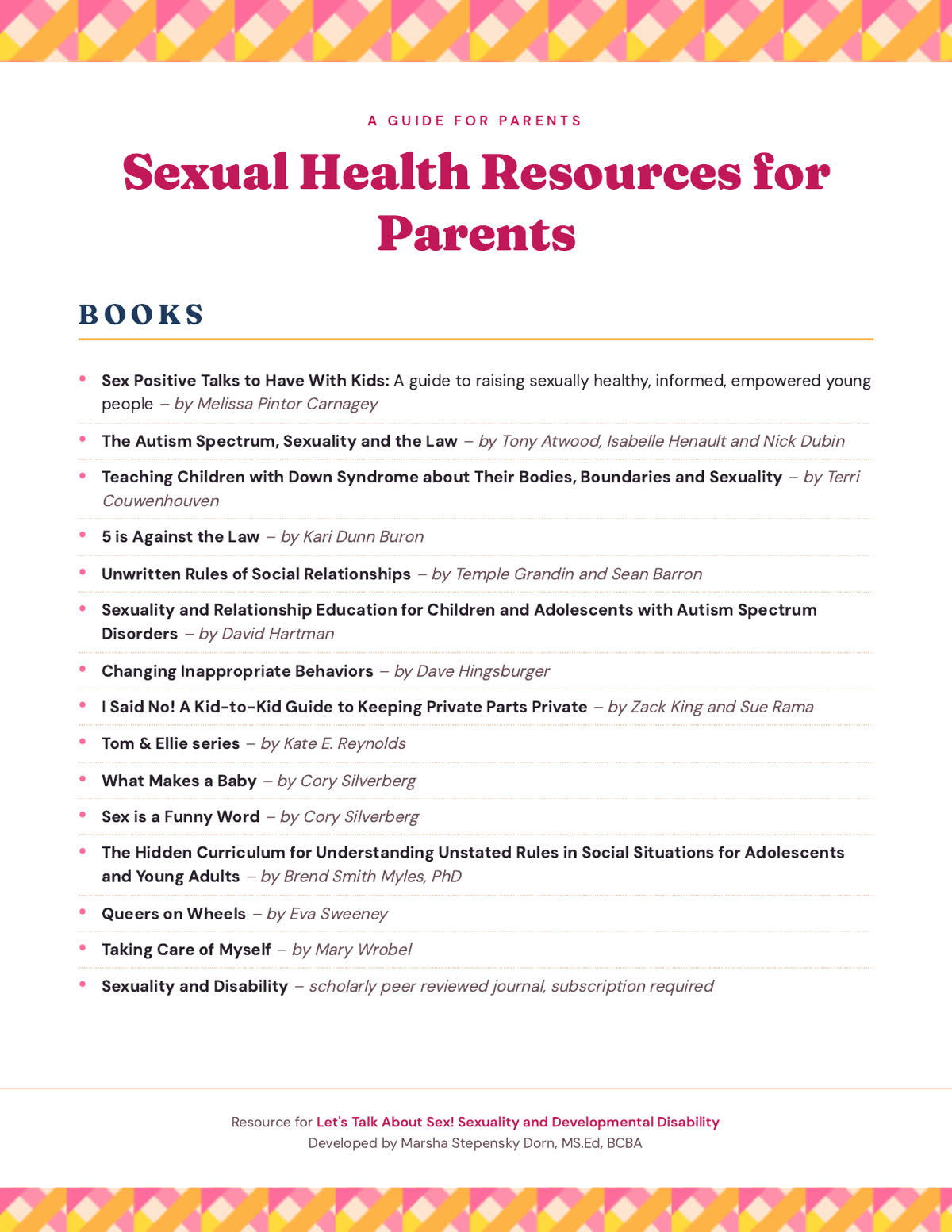 The redesigned handout — geometric warm-toned wedge banners, magenta display serif title, navy hyperlinks with subtle red underline, dotted dividers between entries