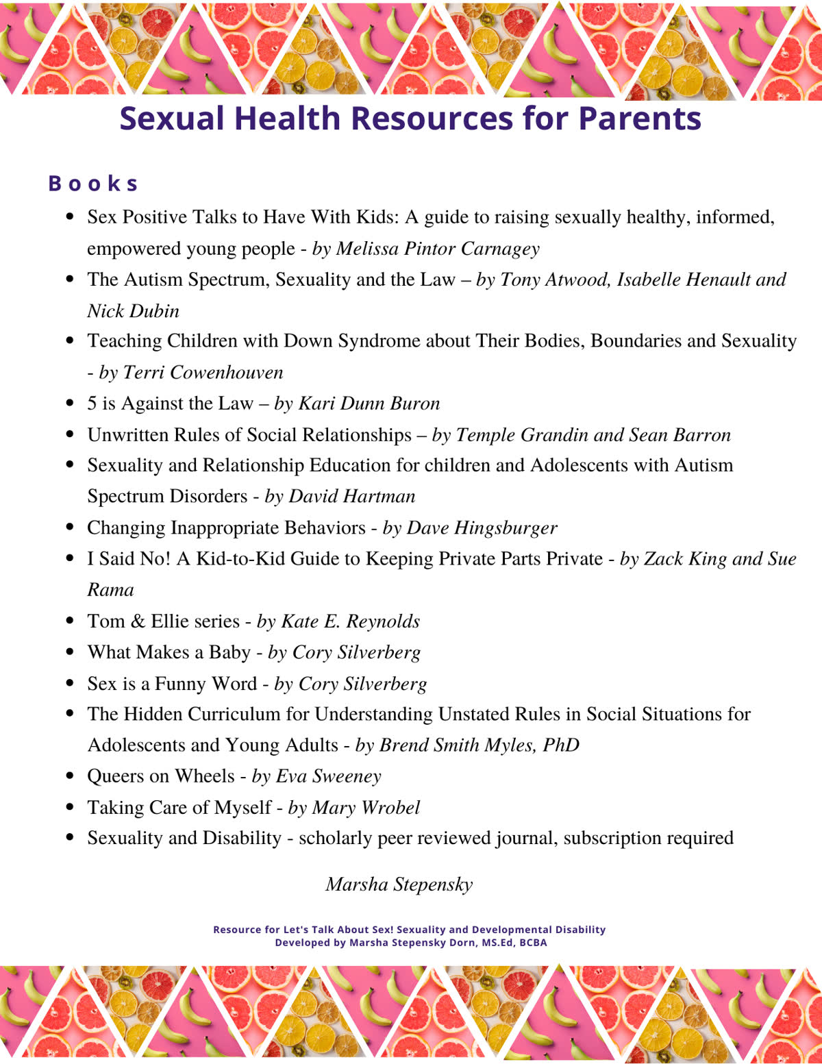 The original four-page handout — fruit-and-banana photo-collage banners, heavy purple sans-serif title, plain blue underlined hyperlinks