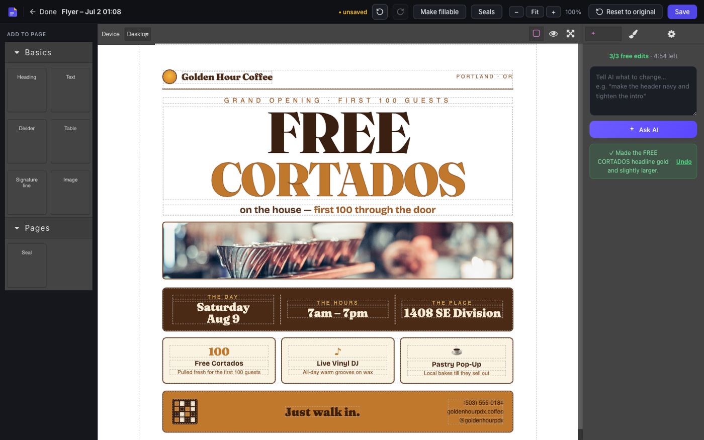 The result: the flyer's headline turned gold, the panel showing the completed edit with an Undo link and 3 free edits remaining