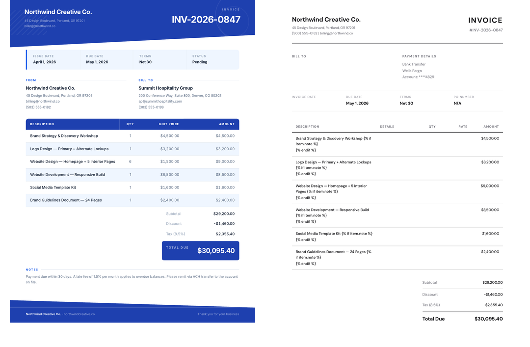 Side-by-side comparison of a colorful corporate invoice template and its printer-friendly black-and-white variant