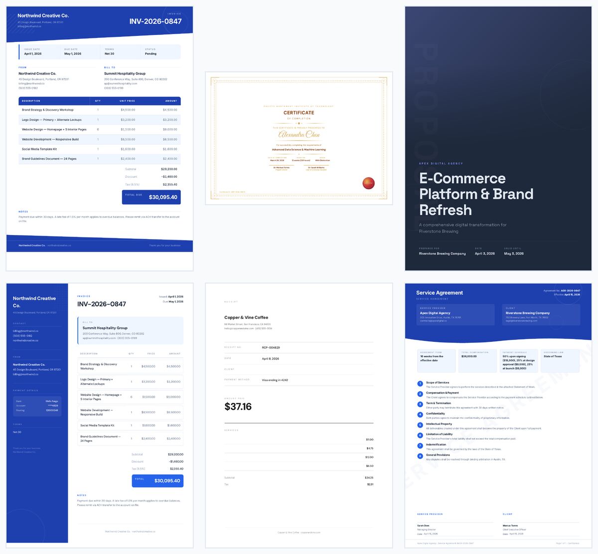 Grid of six EZdoc document templates showing an invoice, certificate, proposal, sidebar invoice, receipt, and contract — each with a distinct professional design